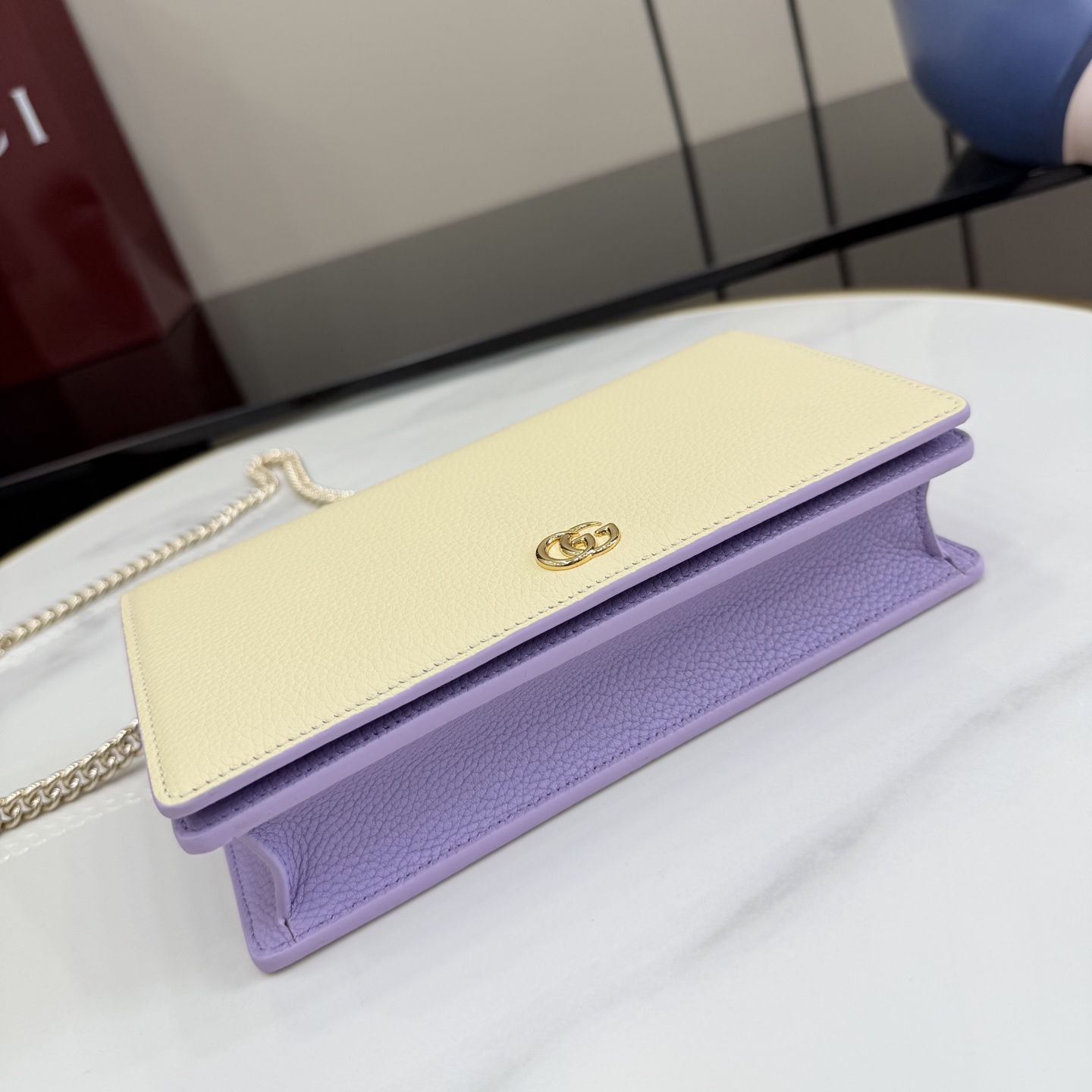 GUCCI 구찌 GG 마몽 체인 월렛 지갑 미니백 가방 - 옐로우 & 라이트 퍼플 (497985)