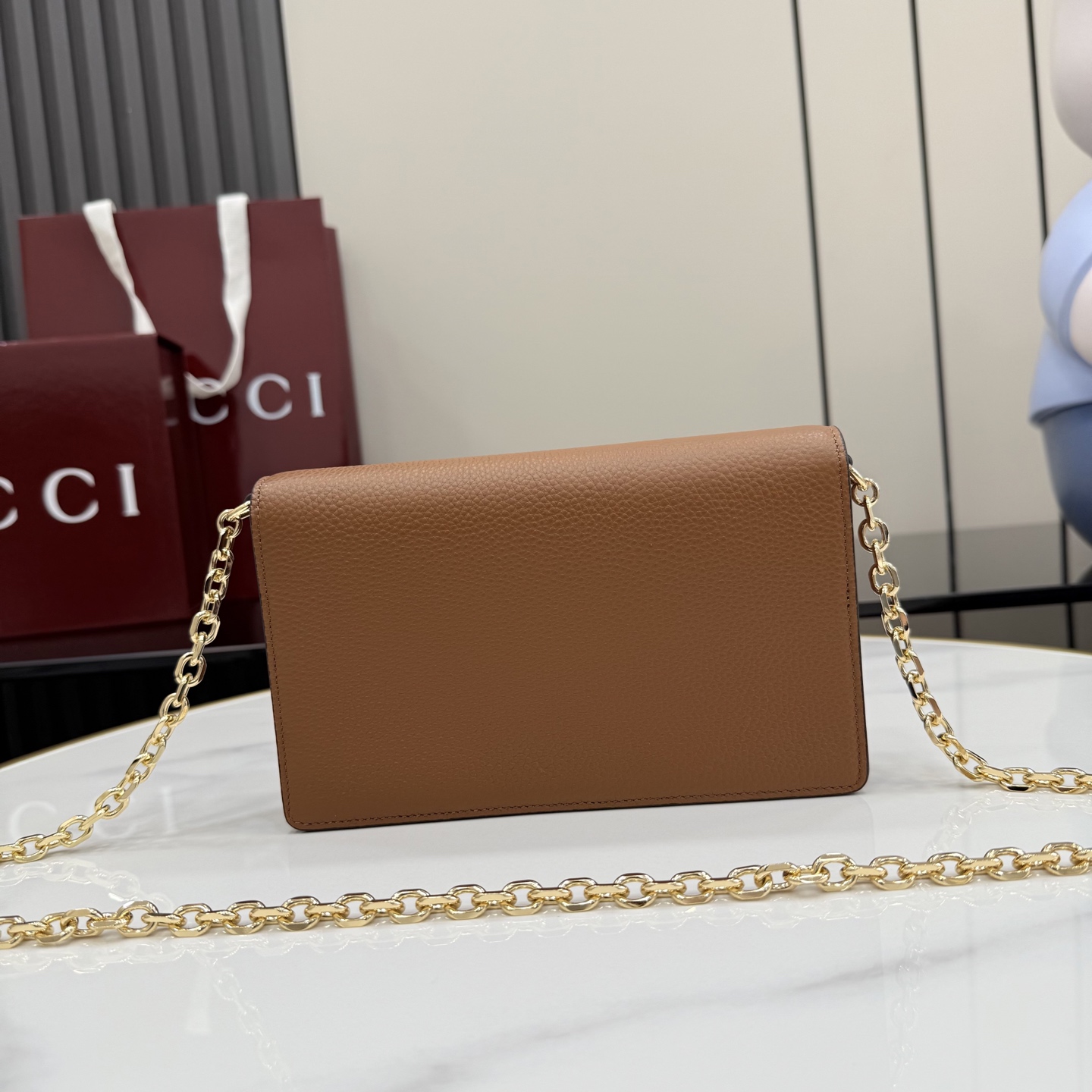 GUCCI 구찌 하프 홀스빗 레더 체인 지갑 월렛 (WOC) - 브라운 (855654)