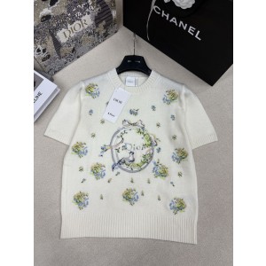 Dior CD 디올 플라워 & 리본 자수 니트 반팔 의류