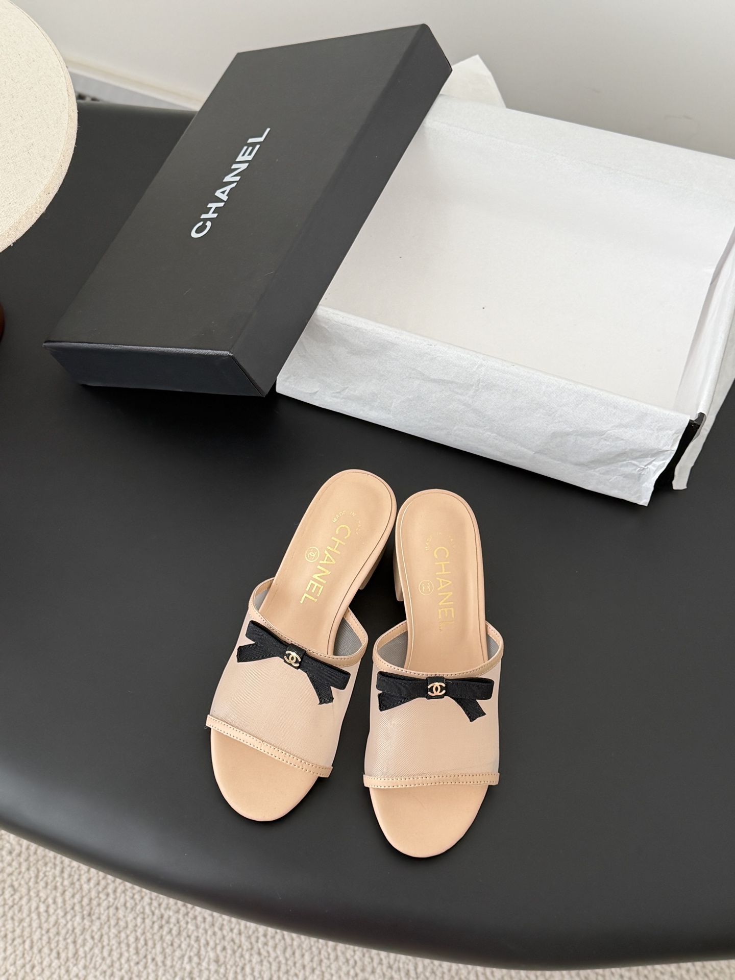 Chanel 26K 샤넬 리본 망사 메쉬 굽 슬리퍼 샌들 신발