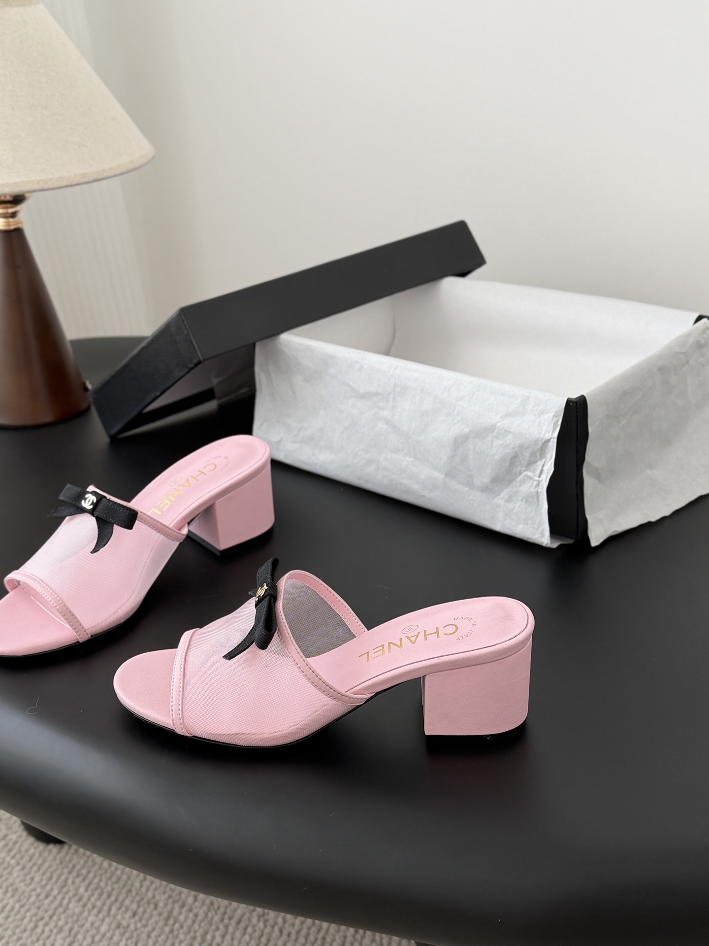 Chanel 26K 샤넬 리본 망사 메쉬 굽 슬리퍼 샌들 신발