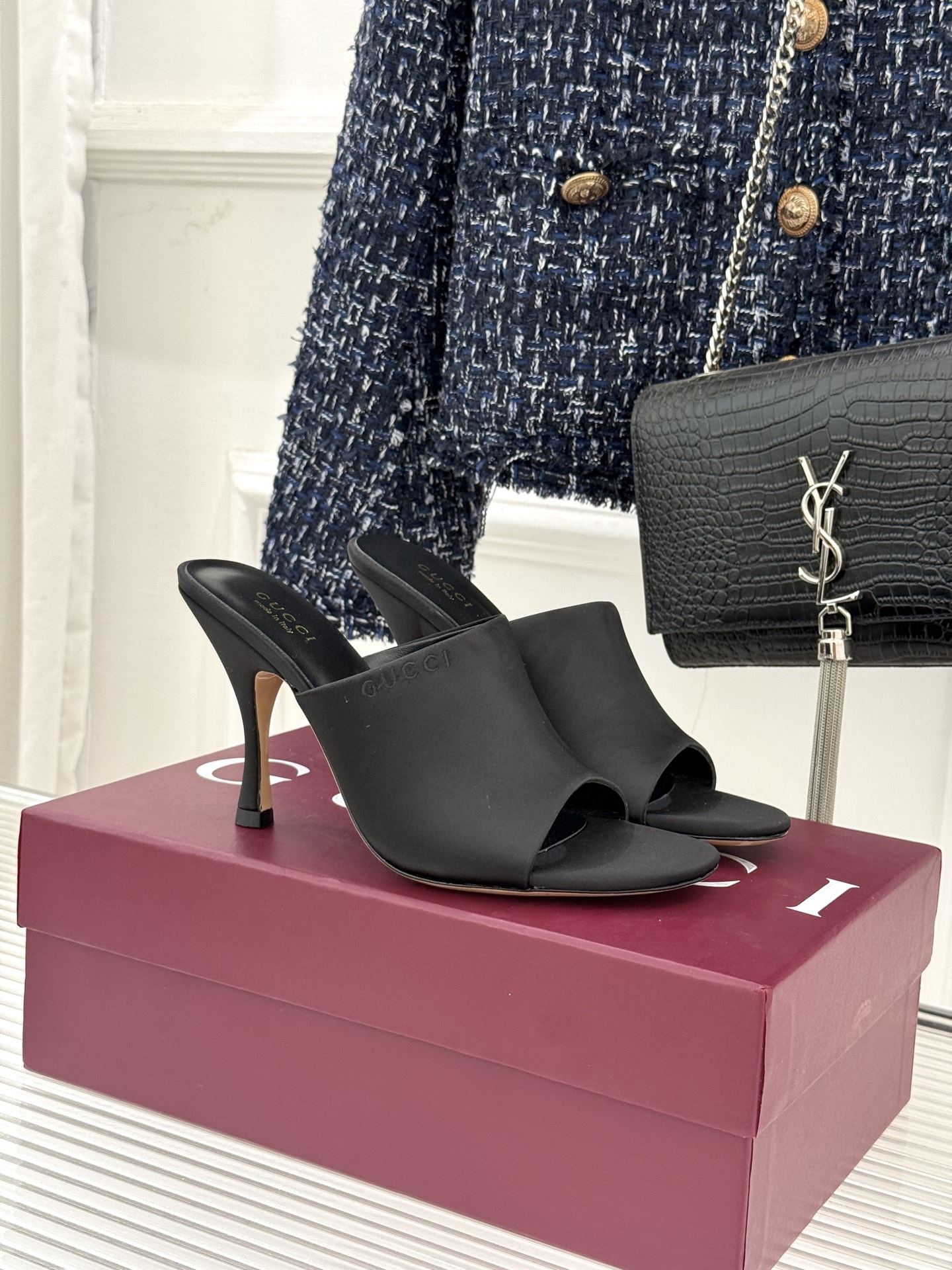 Gucci 구찌 실크 일자 스트랩 오픈토 힐 구두 신발