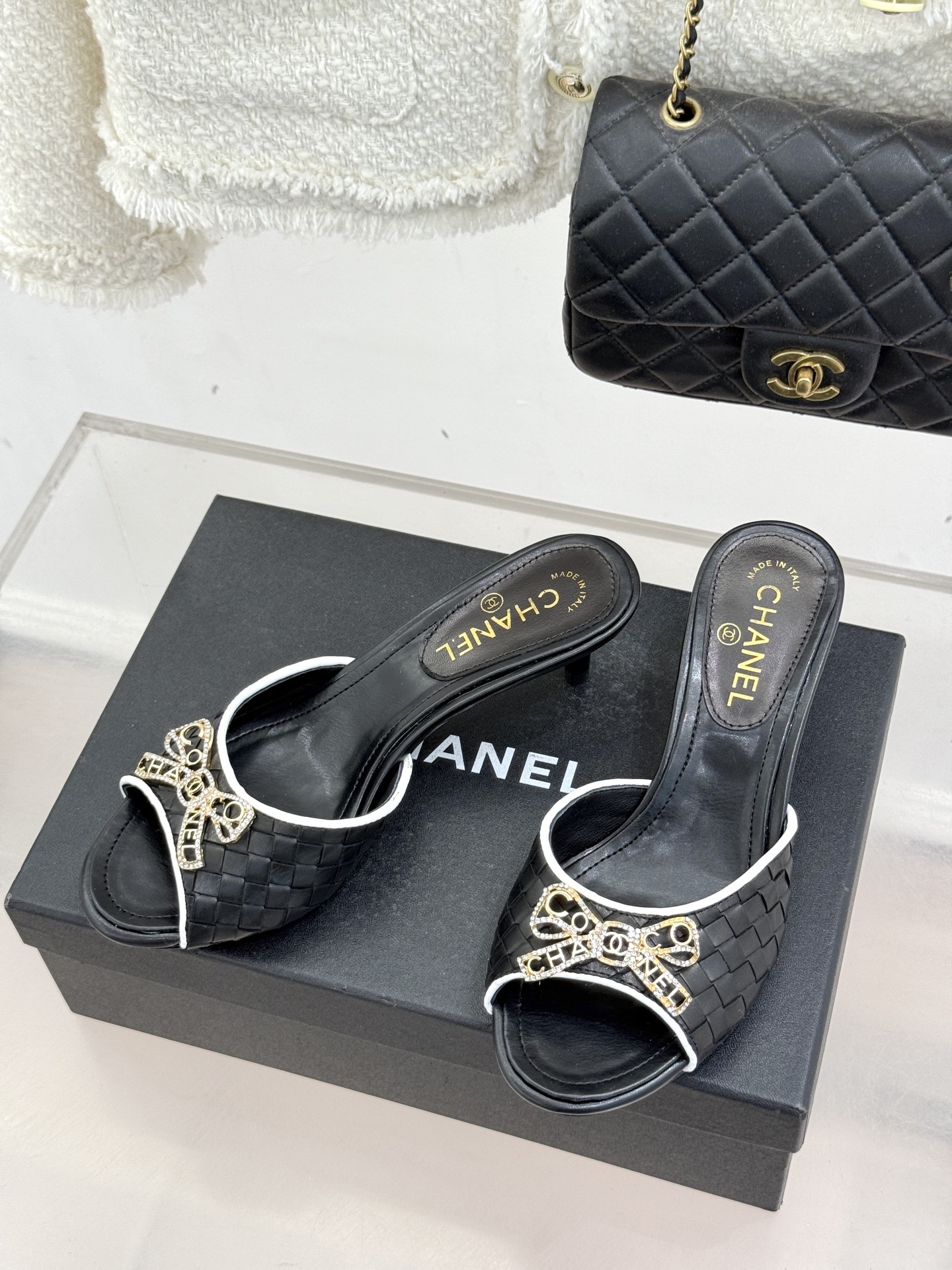 Chanel 샤넬 수입 스톤 더블C 리본 키튼 힐 슬리퍼 샌들 신발