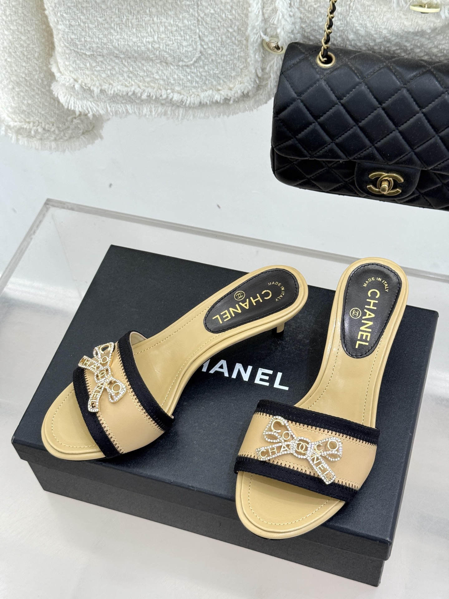 Chanel 샤넬 스톤 더블C 리본 키튼 힐 슬리퍼 샌들 신발