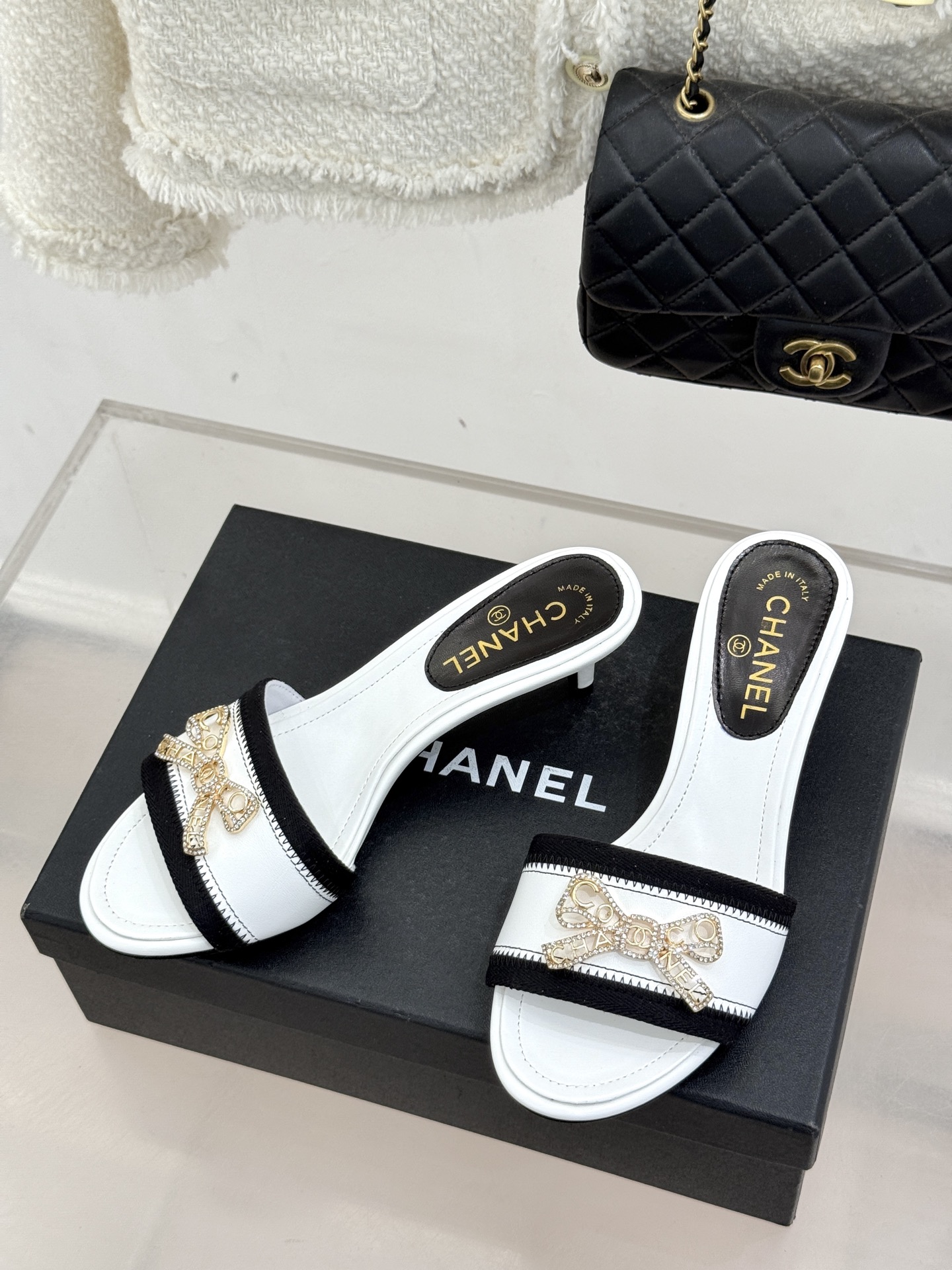 Chanel 샤넬 스톤 더블C 리본 키튼 힐 슬리퍼 샌들 신발