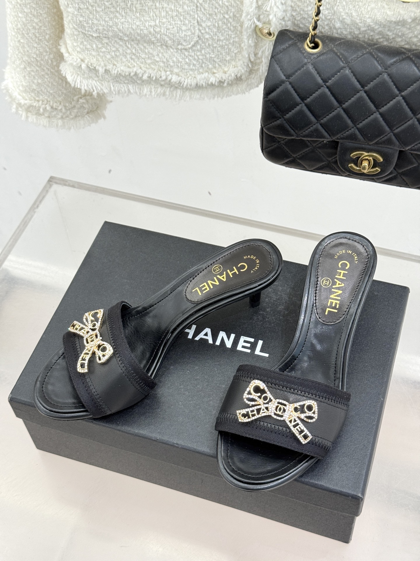 Chanel 샤넬 스톤 더블C 리본 키튼 힐 슬리퍼 샌들 신발