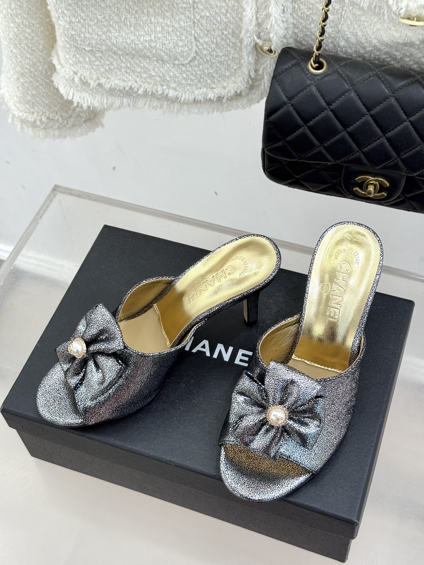 Chanel 샤넬 26C 더블 리본 & 더블C 로고 힐 샌들 신발