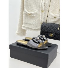Chanel 샤넬 26C 더블 리본 스톤 로고 플랫 슬리퍼 샌들 신발