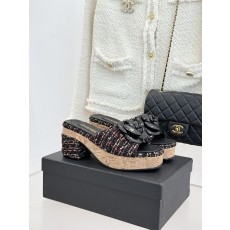 Chanel 26C 샤넬 카멜리아 우드톤 힐 굽 플랫폼 샌들 슬리퍼 신발