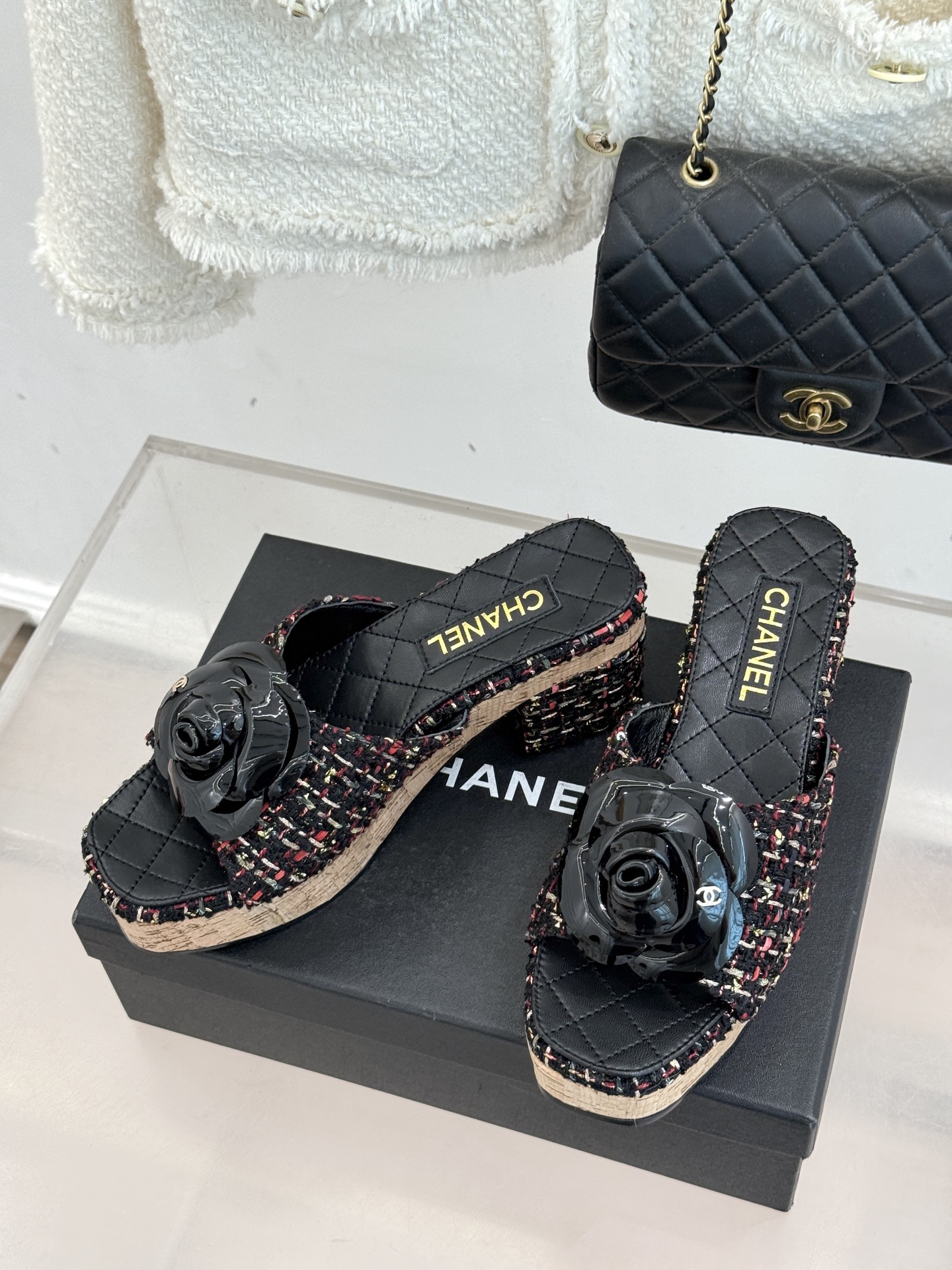 Chanel 26C 샤넬 카멜리아 우드톤 힐 굽 플랫폼 샌들 슬리퍼 신발
