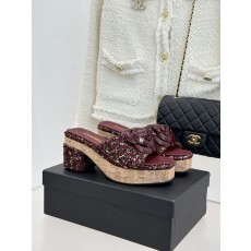 Chanel 26C 샤넬 카멜리아 우드톤 힐 굽 플랫폼 샌들 슬리퍼 신발