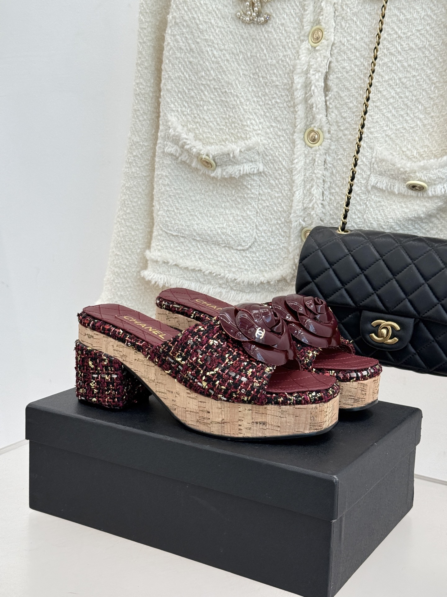 Chanel 26C 샤넬 카멜리아 우드톤 힐 굽 플랫폼 샌들 슬리퍼 신발