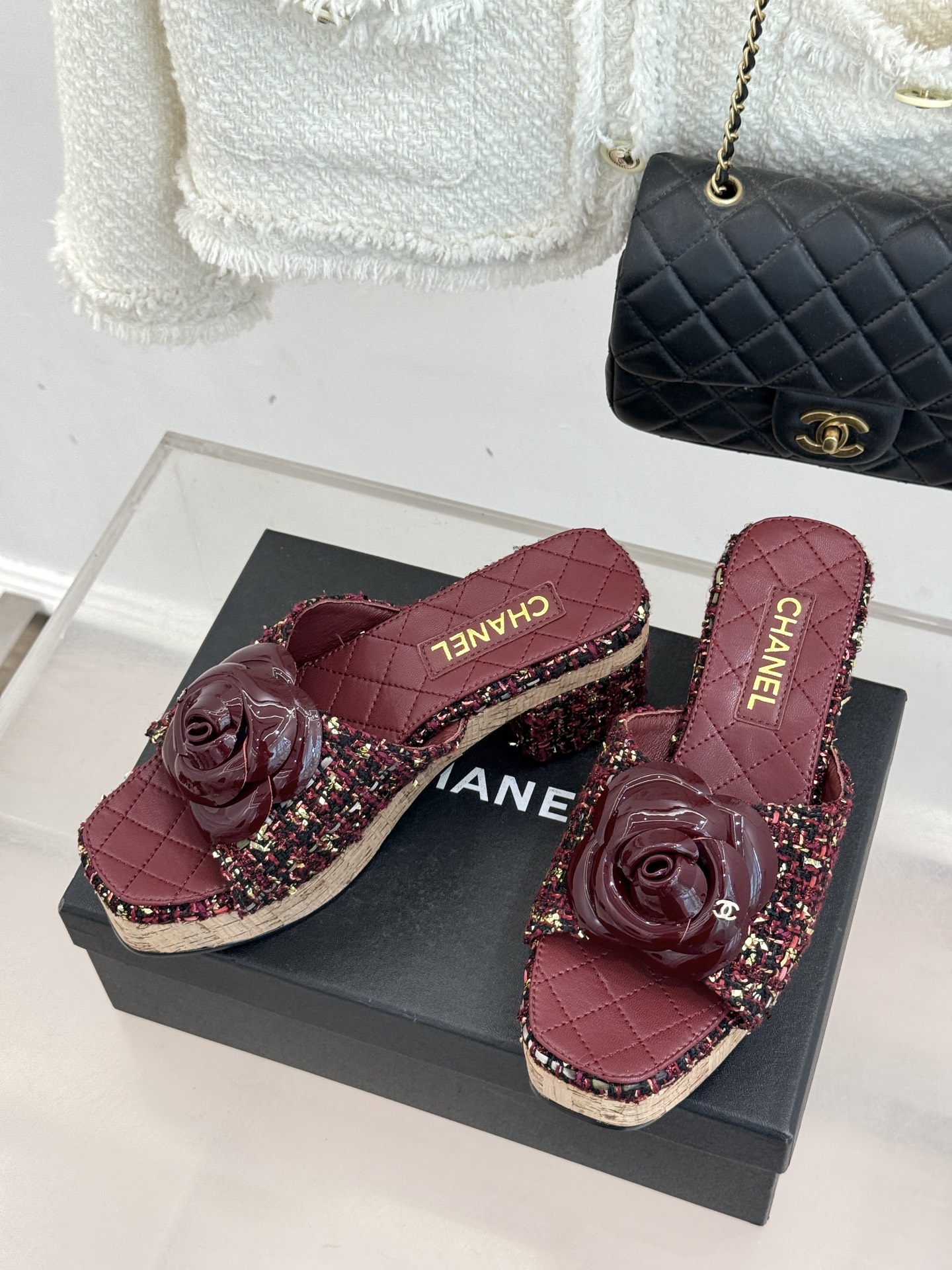 Chanel 26C 샤넬 카멜리아 우드톤 힐 굽 플랫폼 샌들 슬리퍼 신발