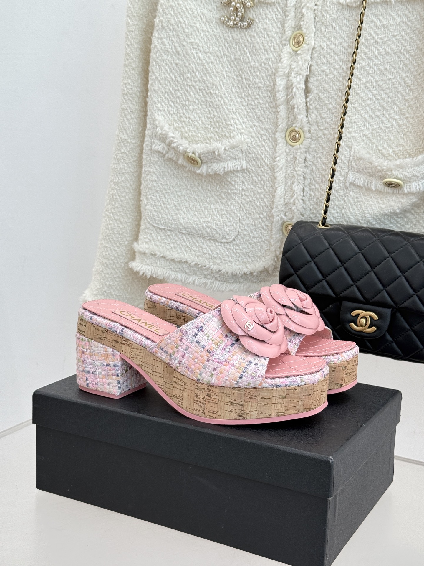 Chanel 26C 샤넬 카멜리아 우드톤 힐 굽 플랫폼 샌들 슬리퍼 신발