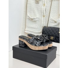 Chanel 26C 샤넬 카멜리아 우드톤 힐 굽 플랫폼 샌들 슬리퍼 신발