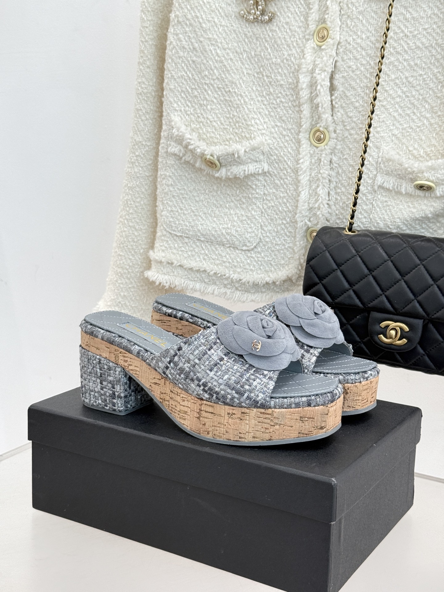 Chanel 26C 샤넬 카멜리아 우드톤 힐 굽 플랫폼 샌들 슬리퍼 신발