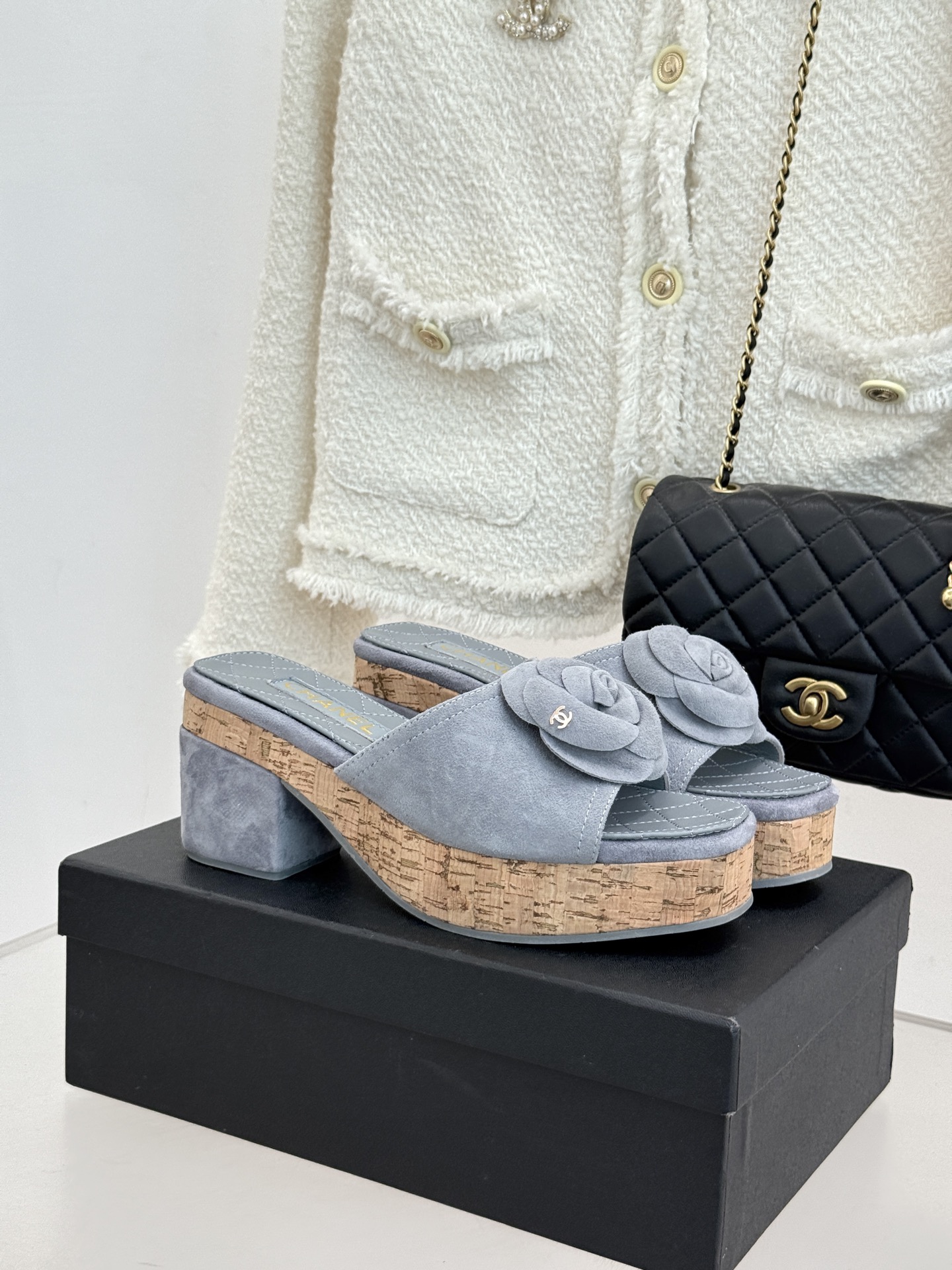 Chanel 26C 샤넬 카멜리아 우드톤 힐 굽 플랫폼 샌들 슬리퍼 신발