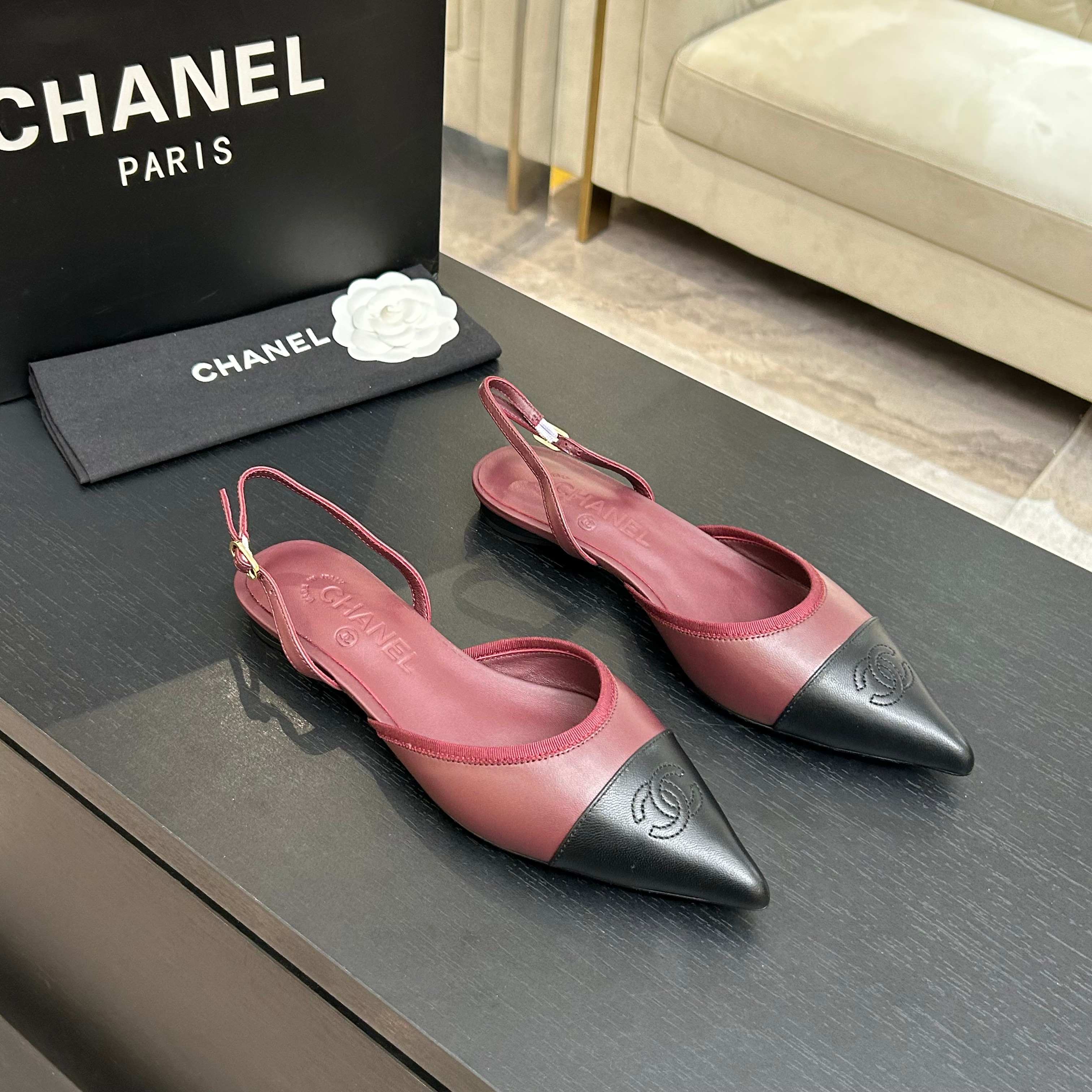 Chanel 샤넬 클래식 배색 포인트 토 플랫 슈즈 신발