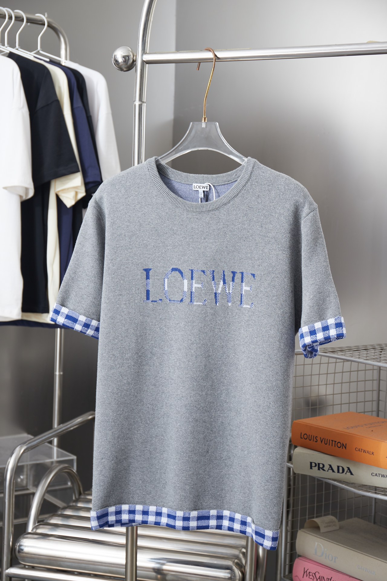 로에베(LOEWE) 체크 자카드 레터 니트 반팔 티셔츠 의류