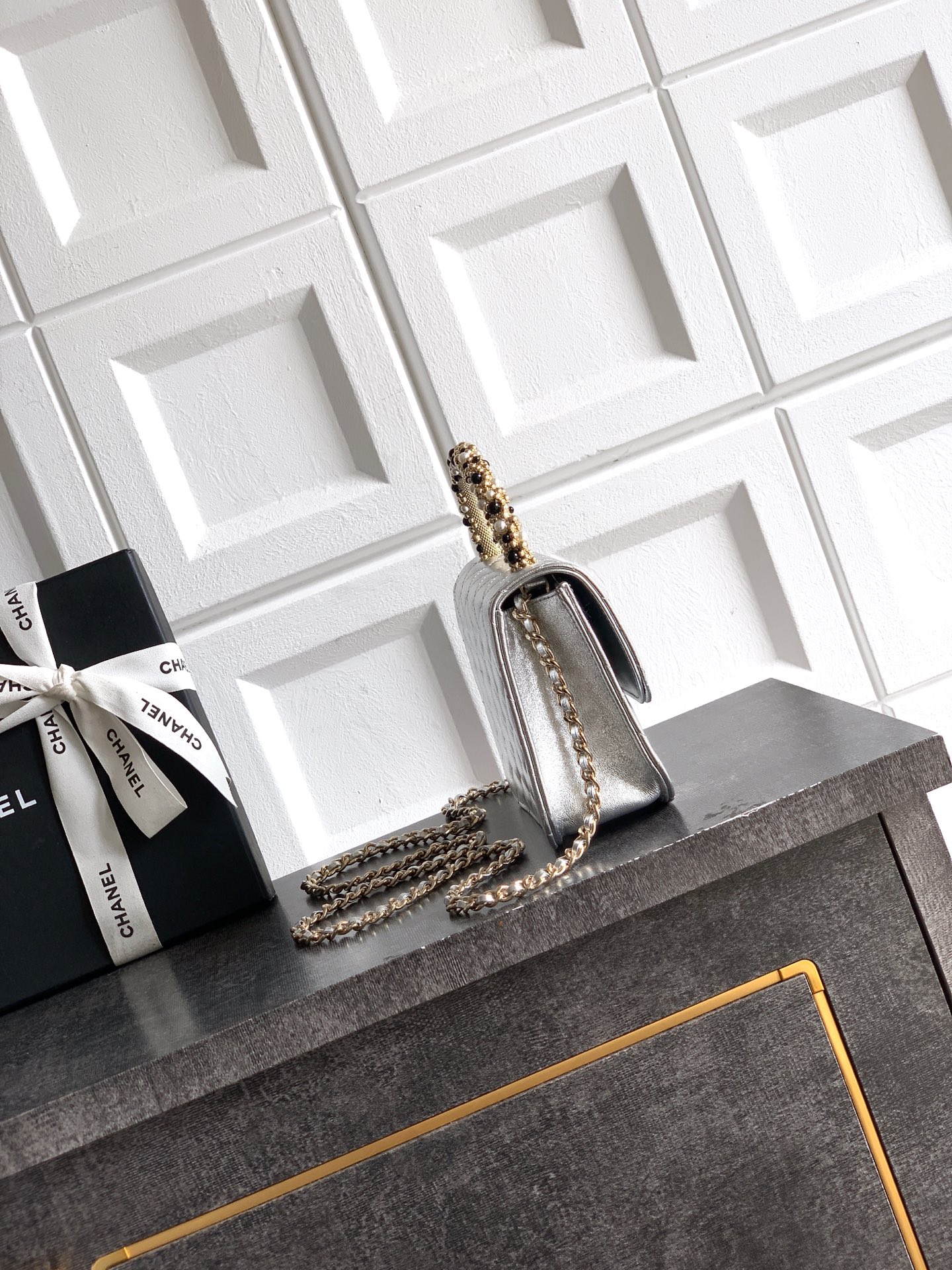 Chanel 샤넬 26C 진주 핸들 트위드 백 (실버) 숄더백 가방 라지