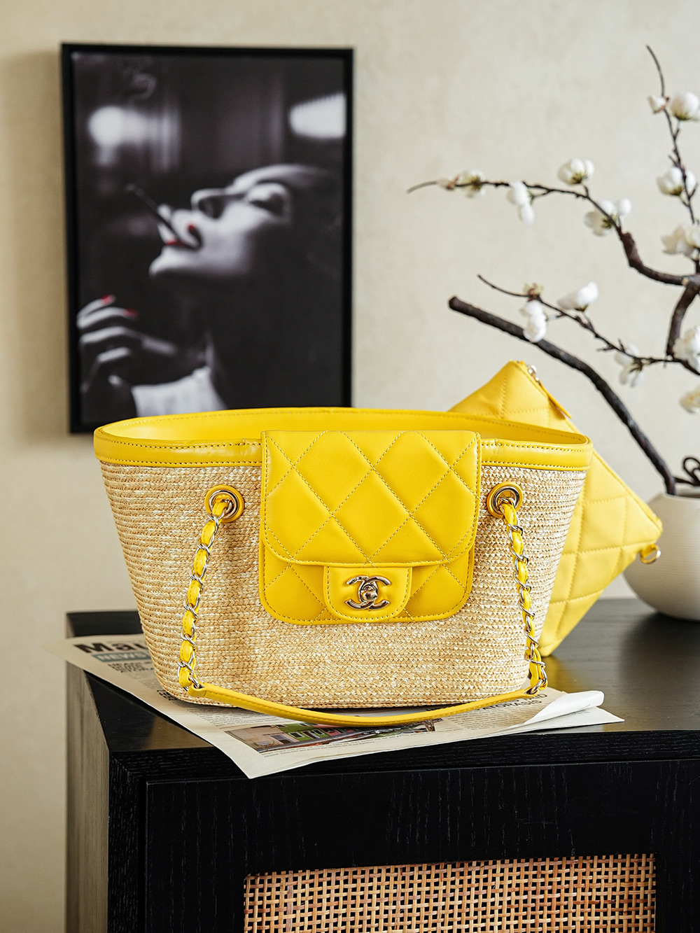 샤넬(Chanel) 26C 라피아 짜임 바스켓백 가방 - 옐로우