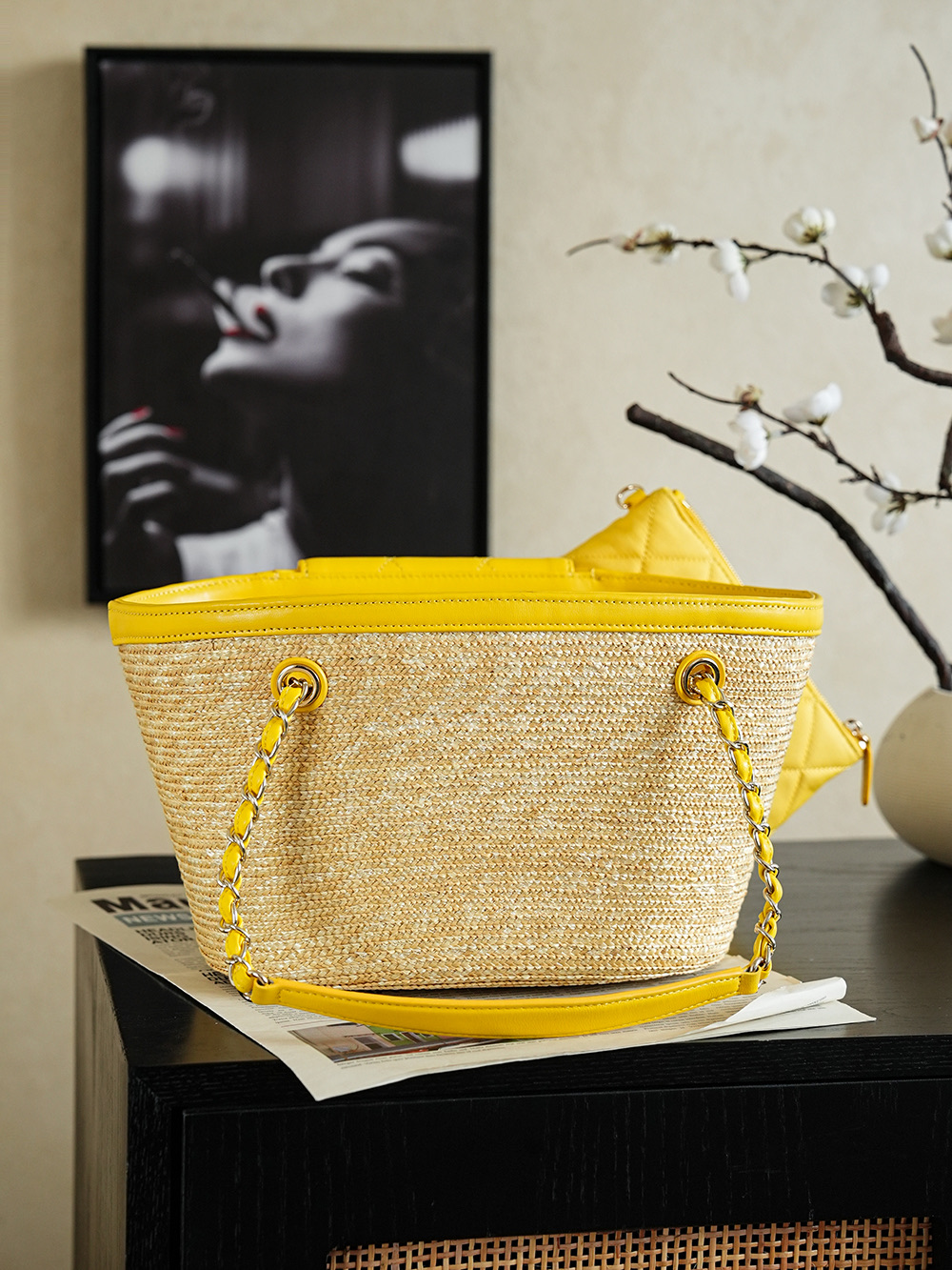 샤넬(Chanel) 26C 라피아 짜임 바스켓백 가방 - 옐로우
