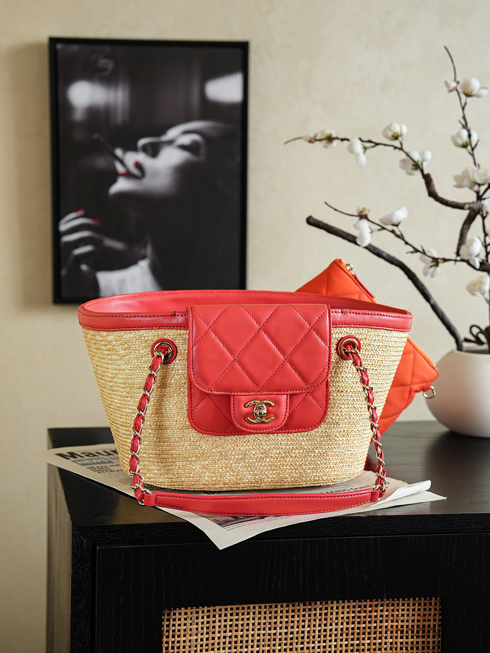 샤넬(Chanel) 26C 라피아 짜임 바스켓백 가방 - 레드
