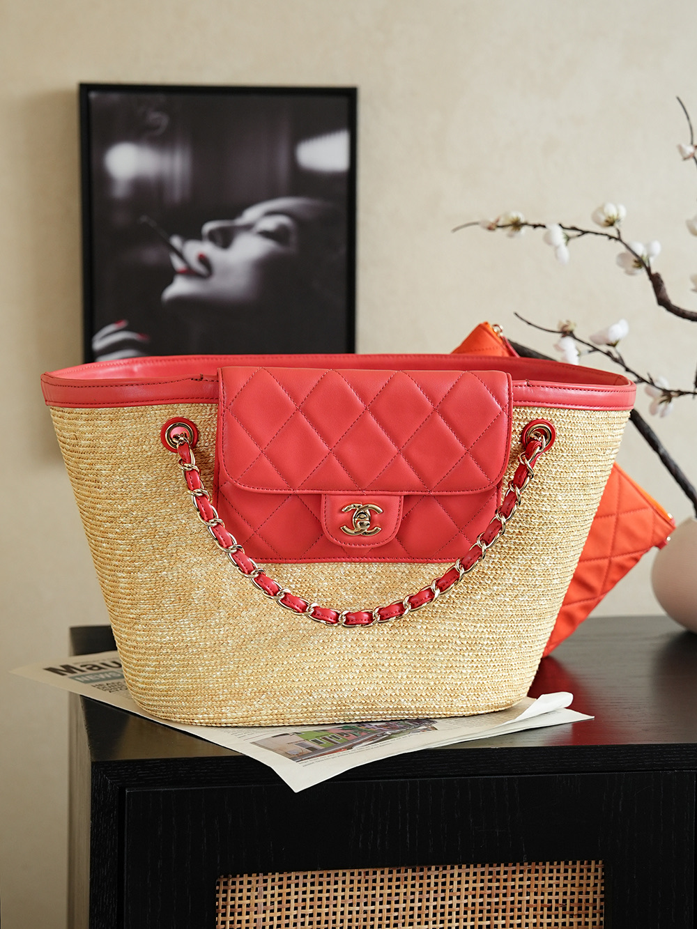 샤넬(Chanel) 26C 라피아 짜임 바스켓백 가방 - 레드 (라지)