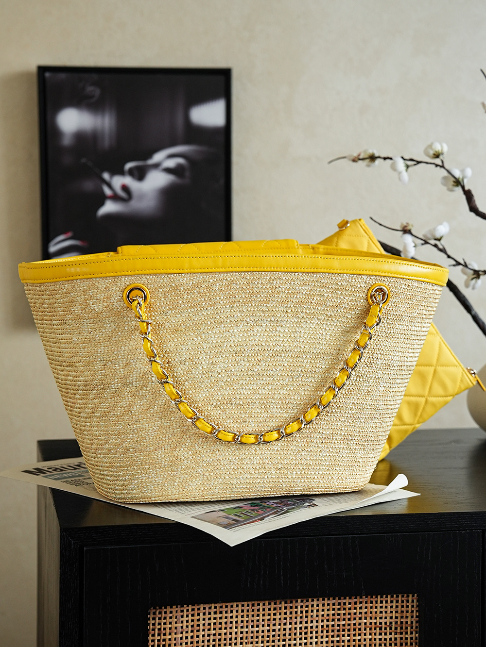 샤넬(Chanel) 26C 라피아 짜임 바스켓백 가방 - 옐로우 (라지)