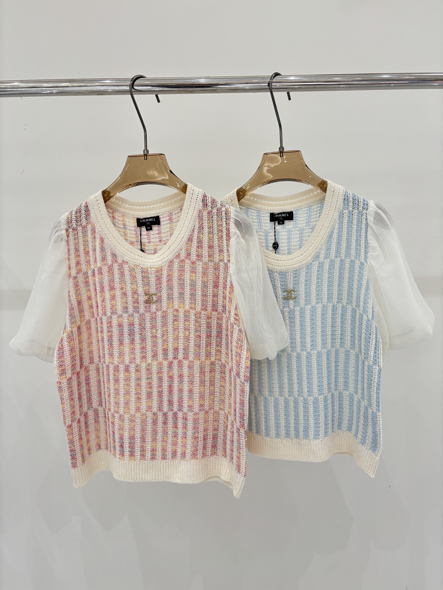 Chanel 샤넬 입체 자카드 스트라이프 배색 니트 반팔 의류