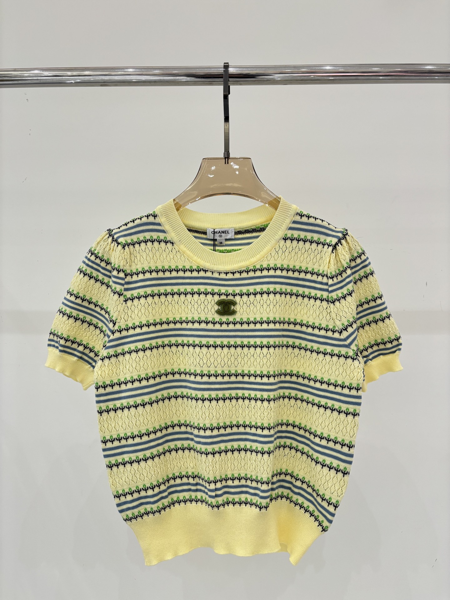 Chanel 샤넬 레터링 패치 스트라이프 니트 반팔 의류