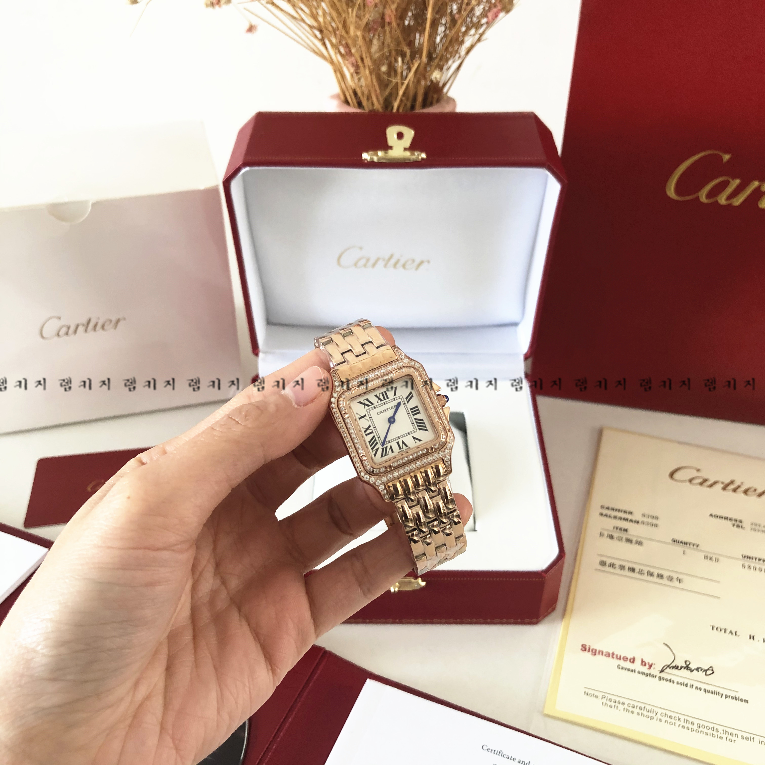 까르띠에 팬더 산토스 로즈골드 큐빅 금장 메탈시계