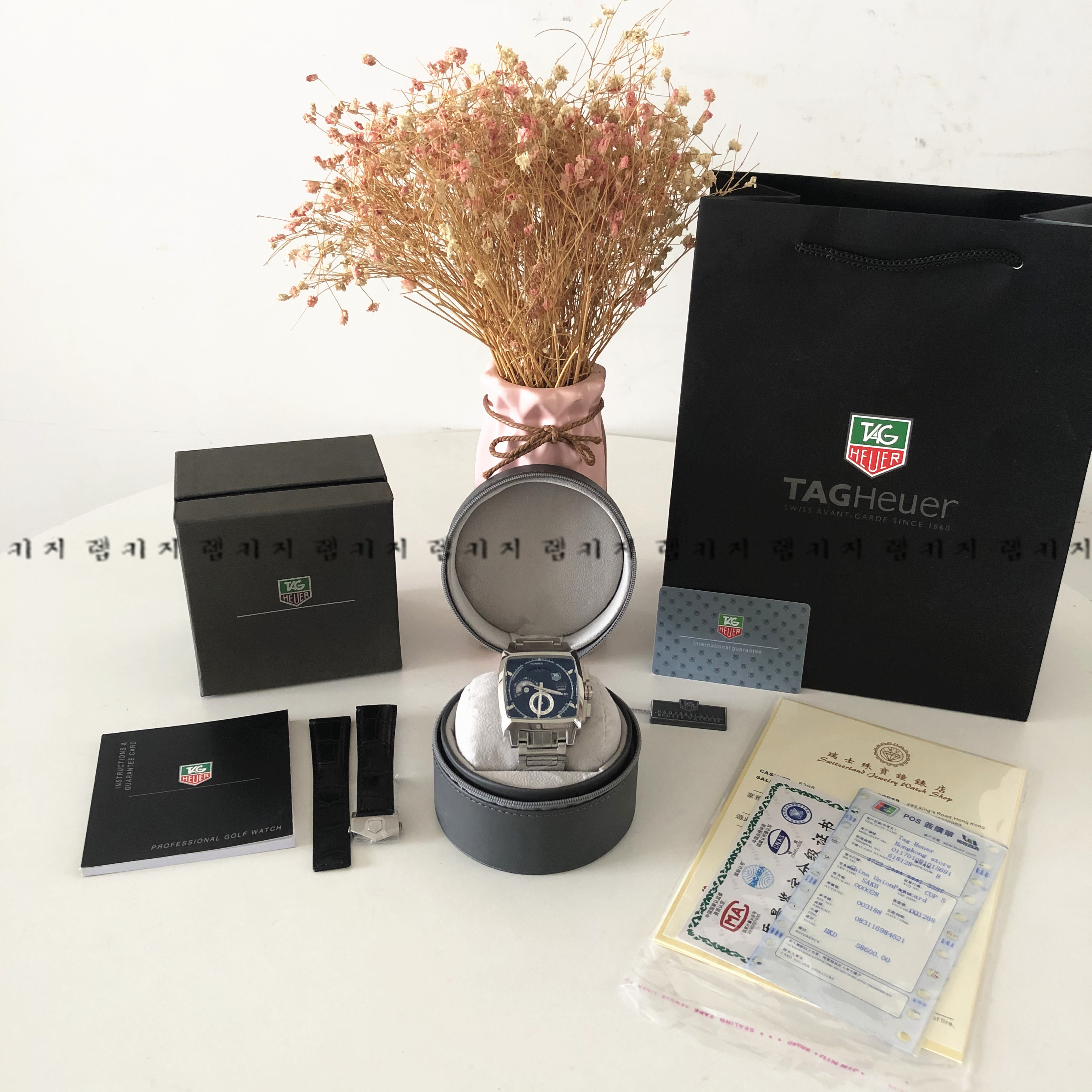 태그호이어 모나코 LS 블랙판 메탈시계 +가죽스트랩