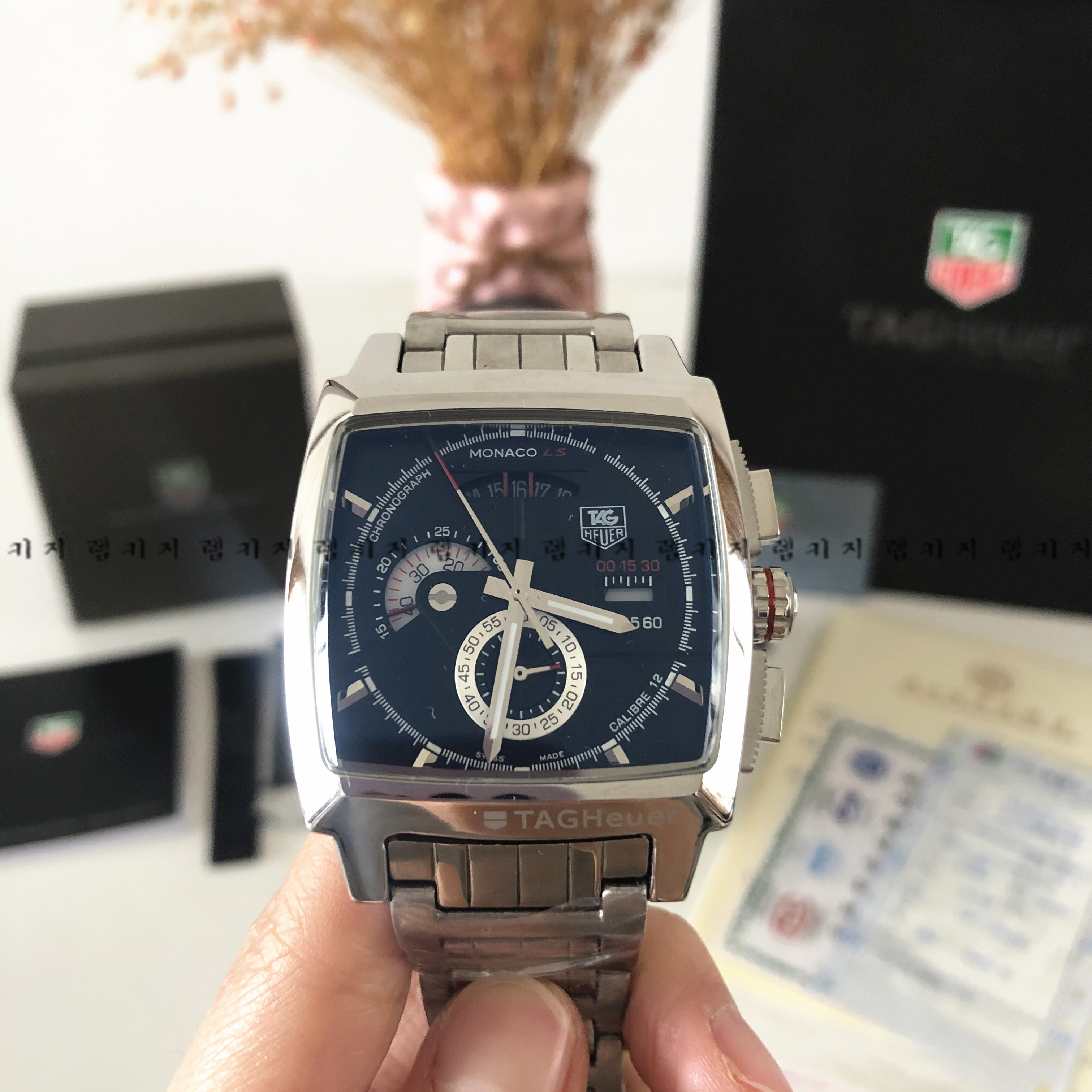 태그호이어 모나코 LS 블랙판 메탈시계 +가죽스트랩