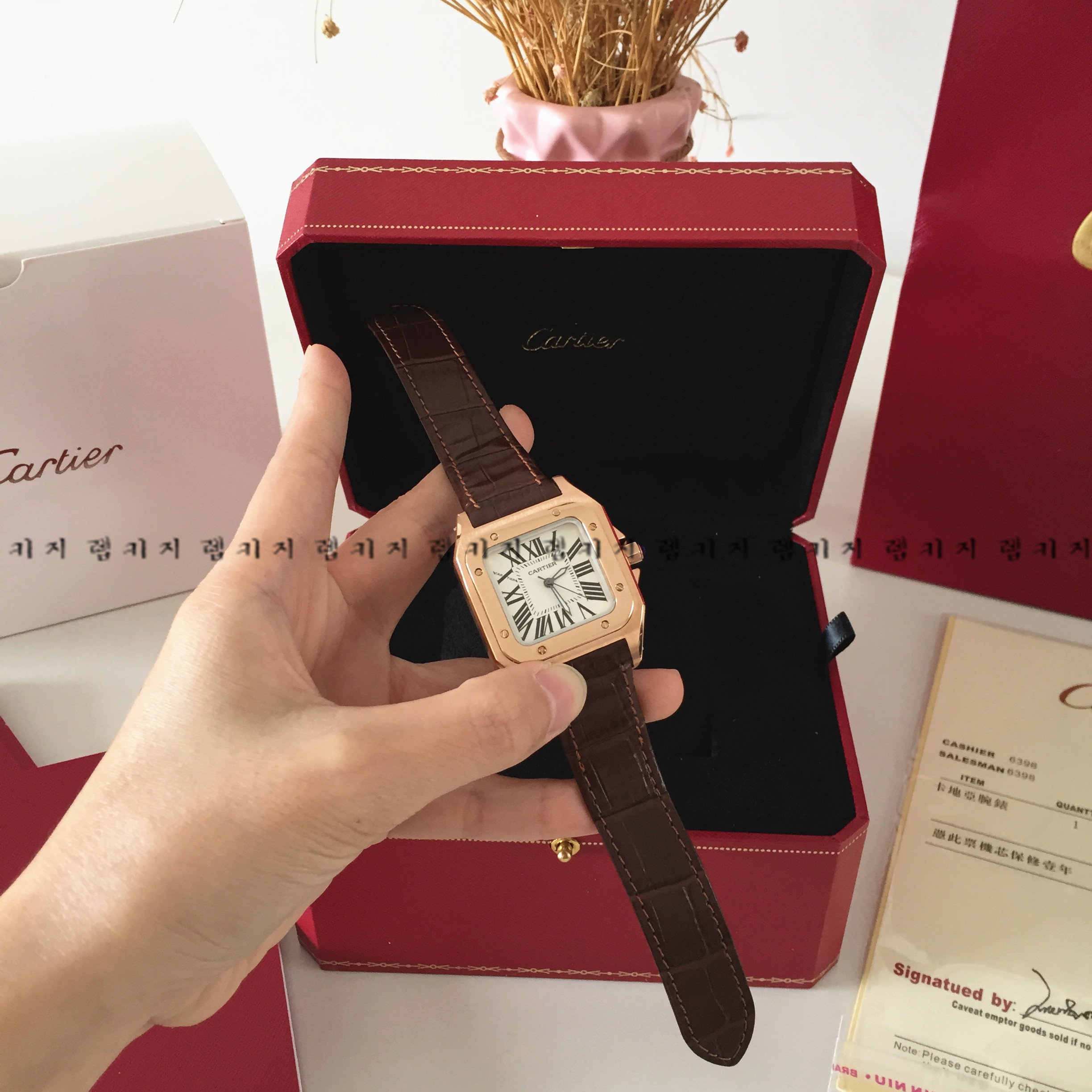 까르띠에 산토스 금장 로즈골드 브라운 가죽시계