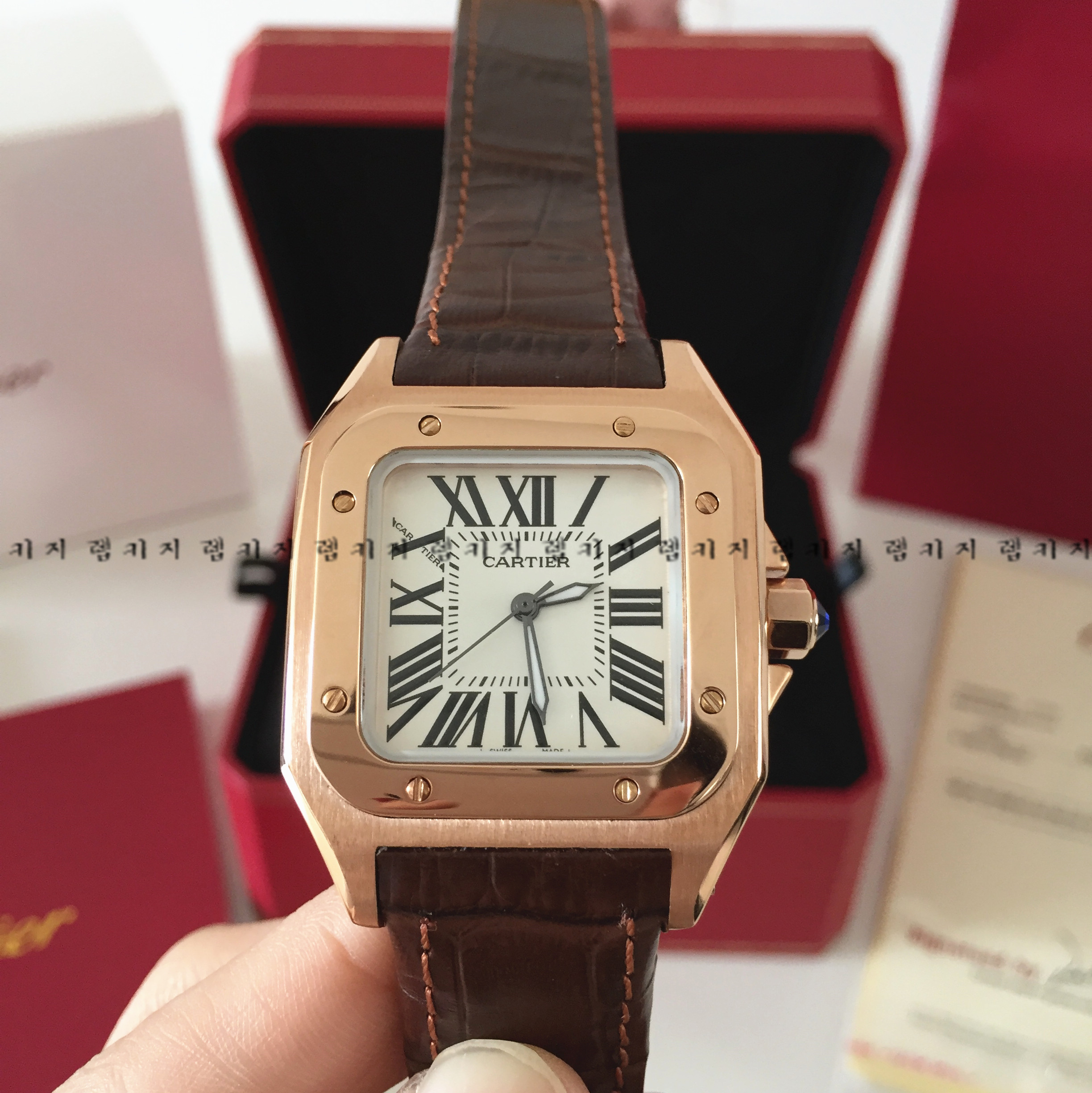 까르띠에 산토스 금장 로즈골드 브라운 가죽시계