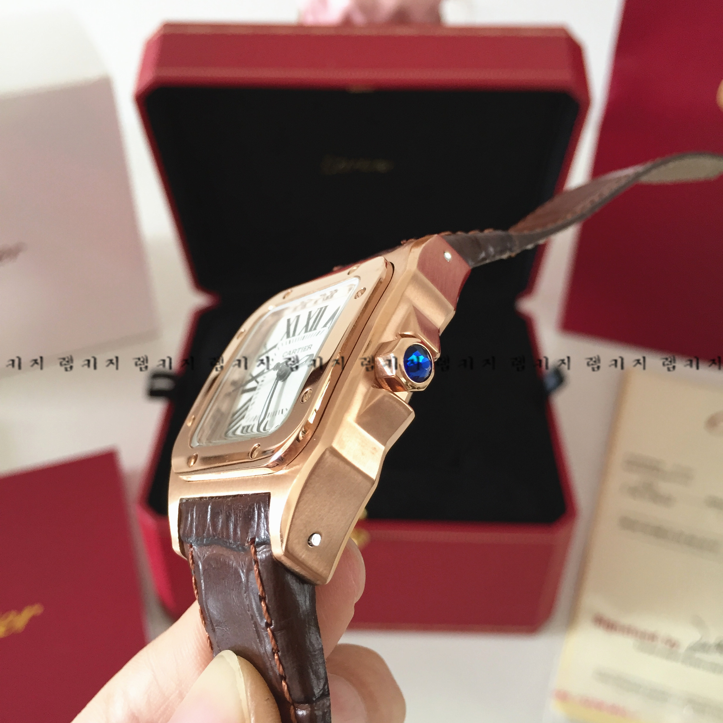 까르띠에 산토스 금장 로즈골드 브라운 가죽시계